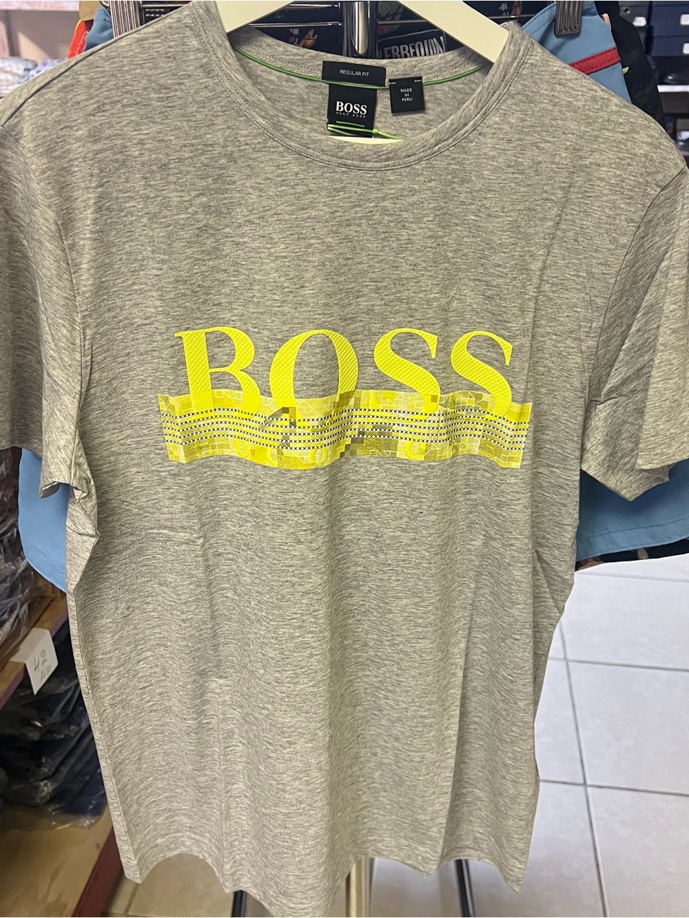 Hugo Boss Gray Short Sleeve Tee with Yellow Logo